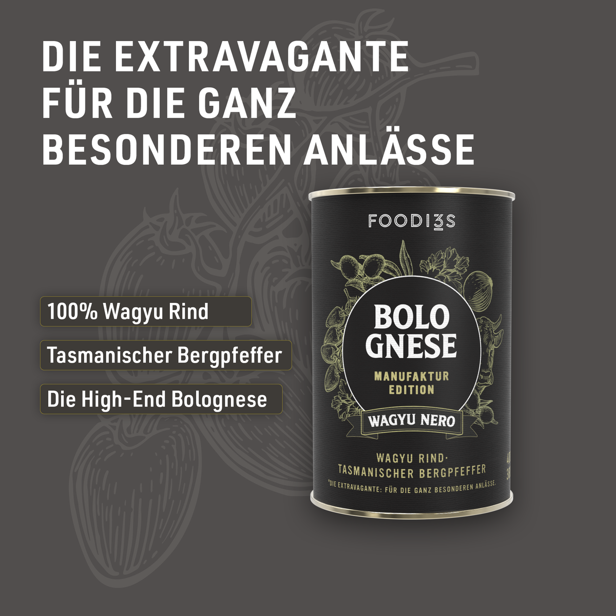 Boîte de Bolognese Wagyu Nero de la Manufaktur Edition sur fond gris foncé