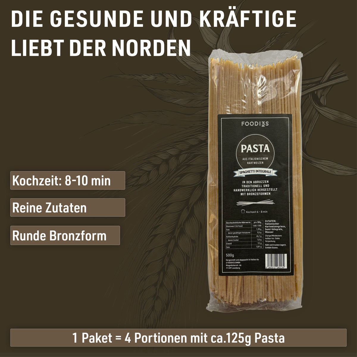 Paquet de Spaghetti Integrale : Coupées et étalées à la main. Cuisson 6 à 8 minutes