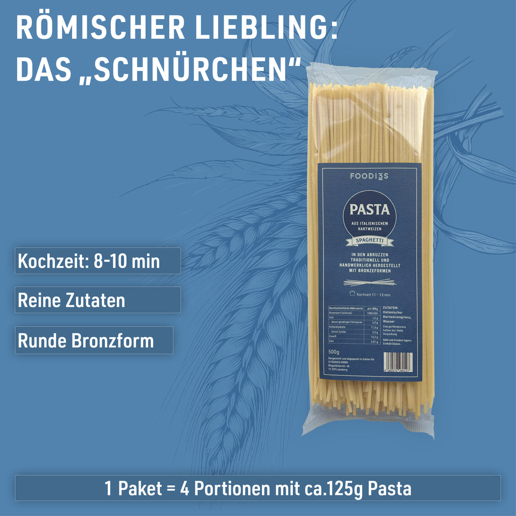 Packung Spaghetti: Pasta aus italienischem Hartweizen. Kochzeit 11 bis 13 Minuten