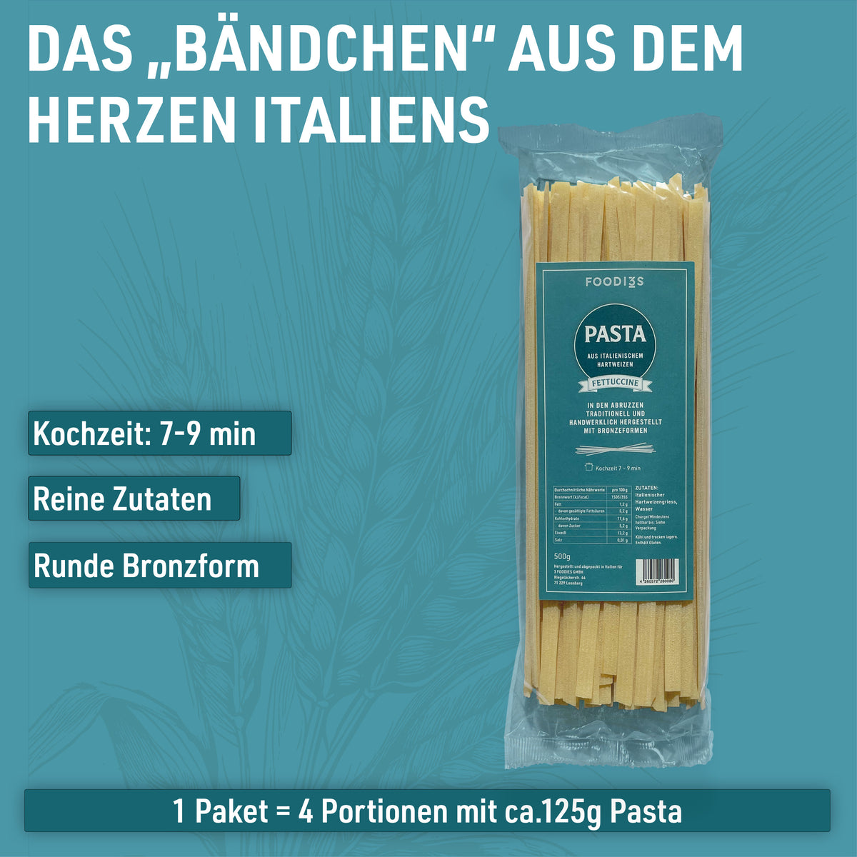 Paquet de Fettuccine : Passées par des filières rondes en bronze. Cuisson 7 à 9 minutes