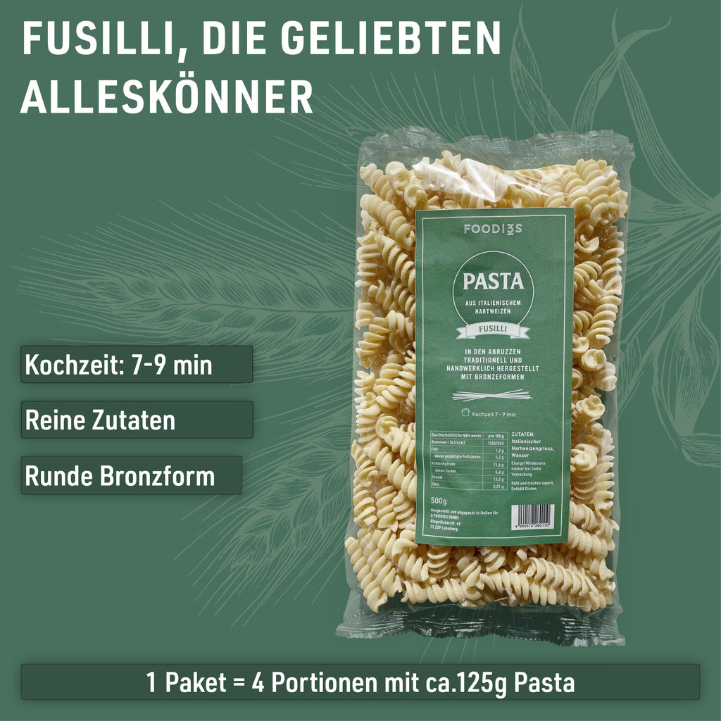 Verpakking Fusilli: Traditioneel en ambachtelijk gemaakt in de Abruzzen. Kooktijd 7 tot 9 minuten