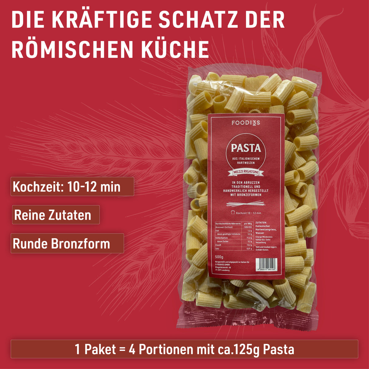 Paquet de Mezzi Rigatoni : Séchées lentement pendant 36 à 48 heures. Cuisson 10 à 12 minutes