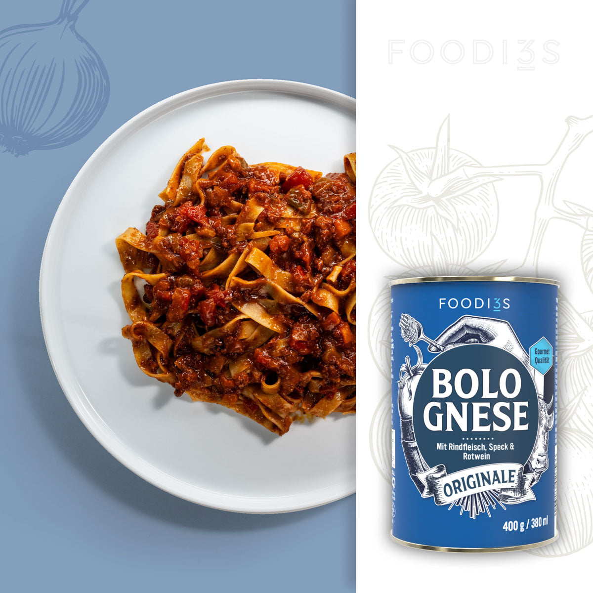 Bolognese Originale: Teller mit breiten Bandnudeln und Bolognese, daneben die blaue Dose