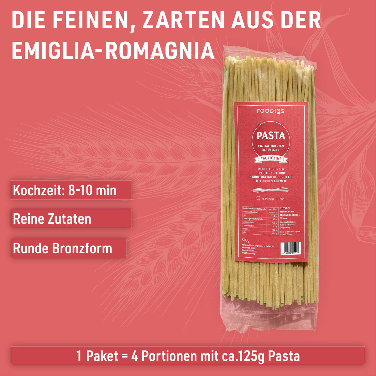 Paquet de Tagliolini : D'une manufacture familiale des Abruzzes. Cuisson 8 à 10 minutes