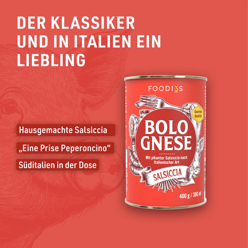 Can of Bolognese Salsiccia against a red background